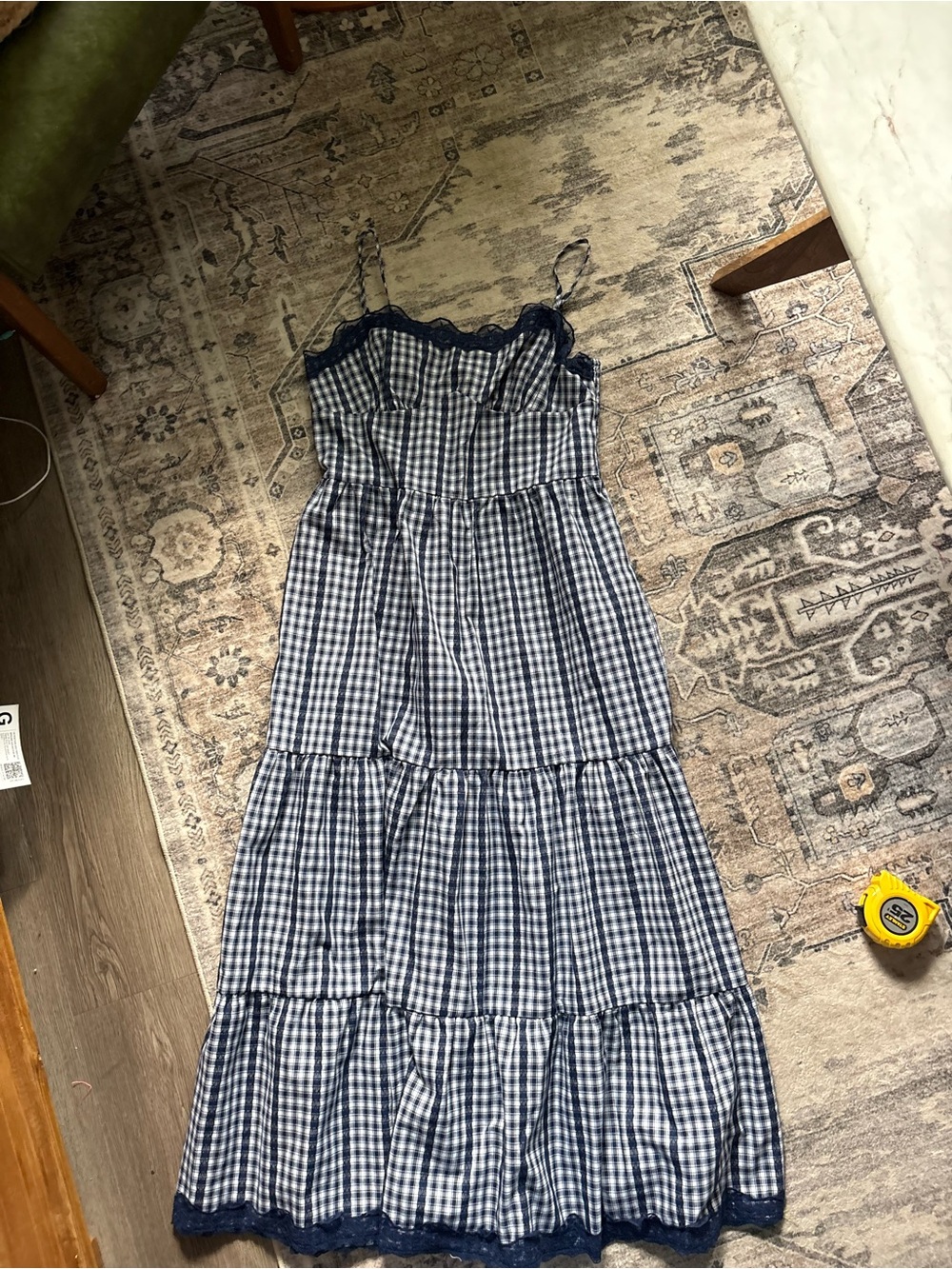 Cider COTTON-BLEND GINGHAM LACE TRIM TIERED SHIRRED MAXI DRESS navy blue XL NEW - Picture 7 of 13